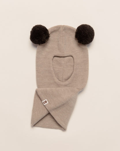 Balaklava i merinoull med tofsar, beige